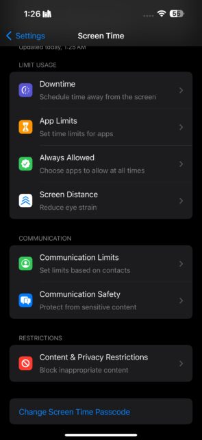 بخش Screen Time در برنامه تنظیمات در آیفون