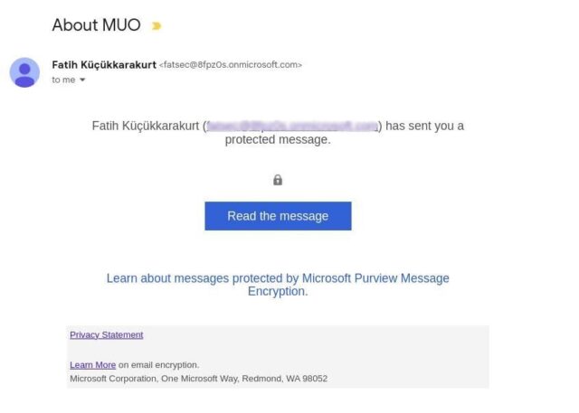 نمونه ای از یک ایمیل دریافتی که در Outlook رمزگذاری شده است