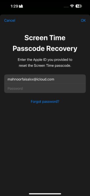 صفحه نمایش آیفون صفحه بازیابی رمز عبور زمان صفحه را نشان می دهد