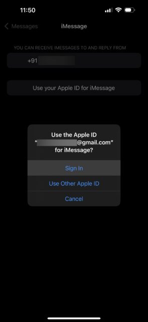 iOS درخواست می‌کند برای iMessage وارد اپل شود