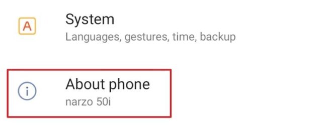 گزینه About Phone در برنامه تنظیمات.
