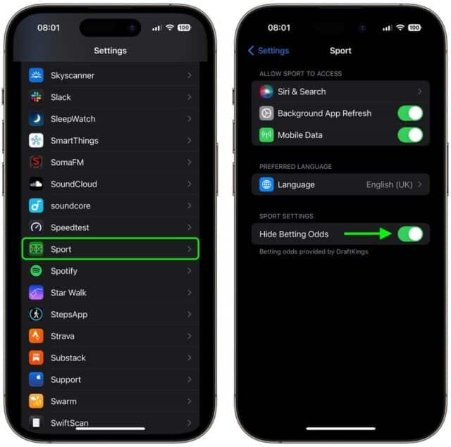 روش پنهان کردن Betting Odds در برنامه Apple Sports آیفون