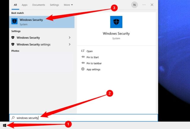 'Windows Security' را از منوی استارت جستجو و راه اندازی کنید.