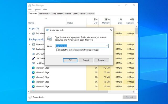 اجرای یک کار اکسپلورر جدید در Task Manager