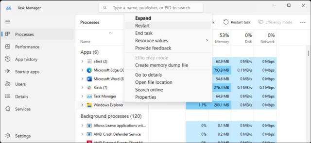 Windows 11 Task Manager در حال نمایش گزینه Restart برای Windows Explorer