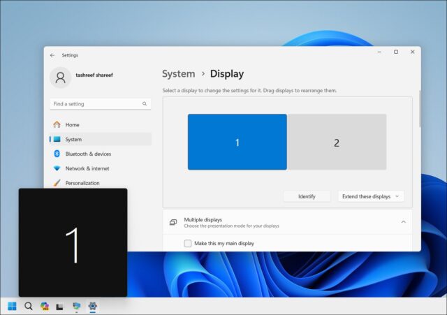 برنامه تنظیمات ویندوز 11 گزینه شناسایی نمایشگر را با کادر شماره گذاری شده روی صفحه نمایش می دهد