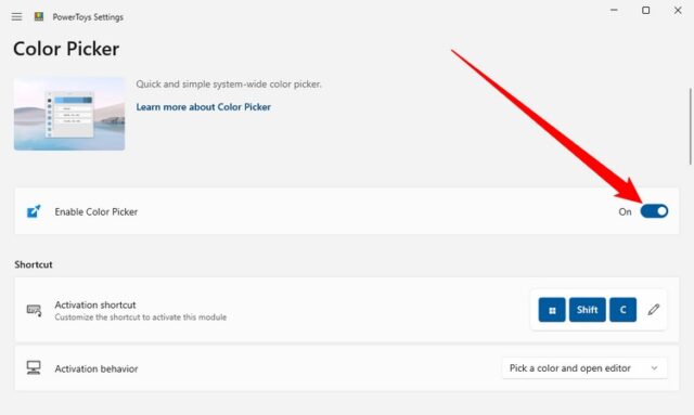 مطمئن شوید که انتخابگر رنگ PowerToys فعال است