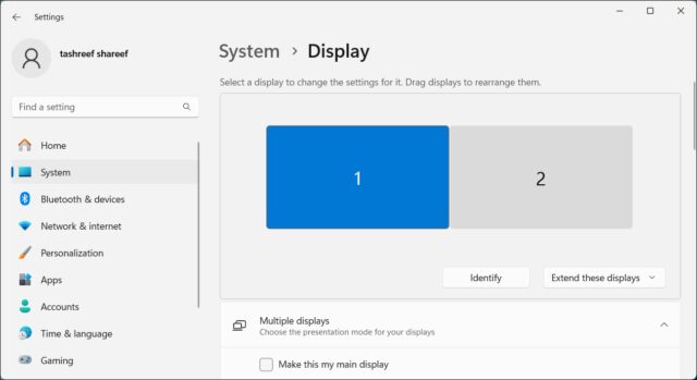 تنظیمات صفحه نمایش ویندوز 11 نمایش یک صفحه نمایش انتخاب شده را نشان می دهد