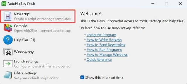 AutoHotkey با گزینه 'New Script' برجسته شده است.
