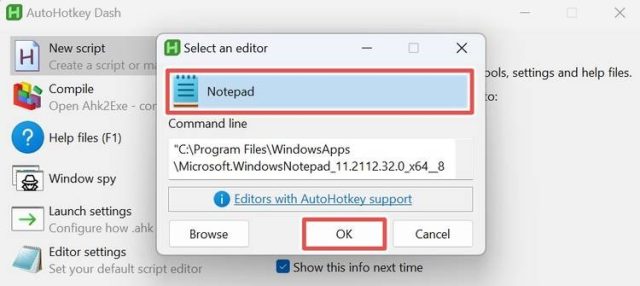 تصویری از AutoHotkey با گزینه های Notepad و OK برجسته شده است