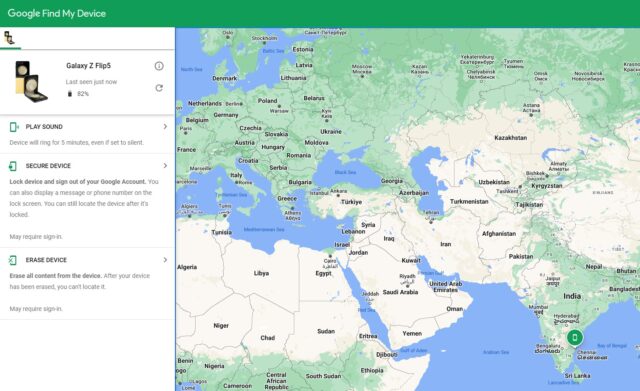 سایت Google Find My Device که مکان Galaxy Z Flip 5 را نشان می دهد