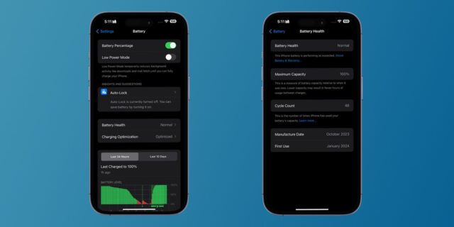 دو آیفون که منوی سلامت باتری را در iOS 17.4 نشان می‌دهند