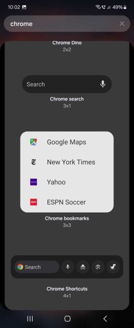 صفحه Android که تمام ویجت های برنامه موجود را نشان می دهد