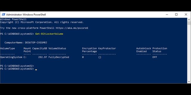 اسکرین شات کد مورد نیاز برای بررسی وضعیت Bitlocker با استفاده از Windows PowerShell را نشان می دهد.