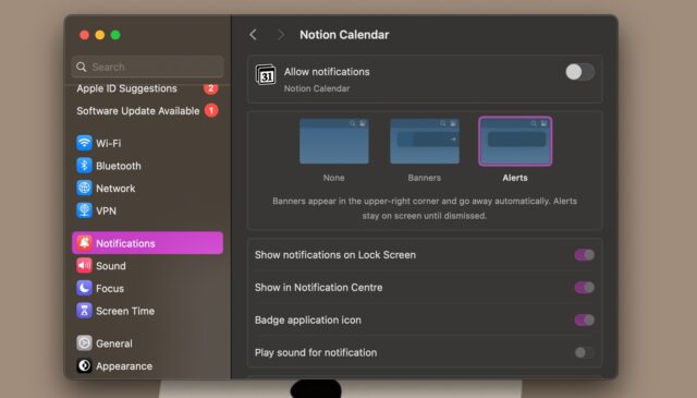 غیرفعال کردن اعلان‌های Notion Calendar در macOS