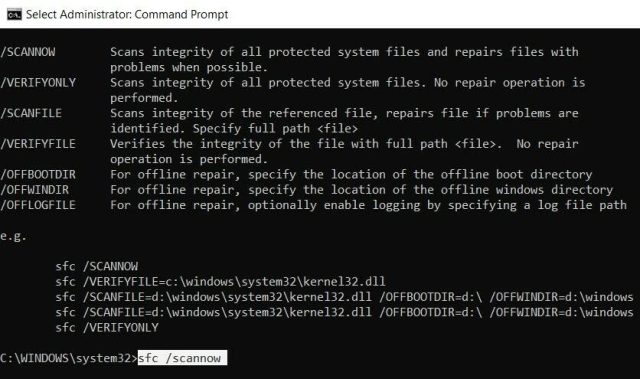 پنجره Command Prompt با دستور sfc