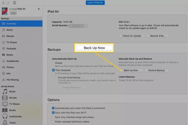 دکمه Back Up Now در iTunes در macOS