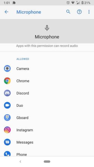 اسکرین شات از مجوزهای میکروفون اندروید