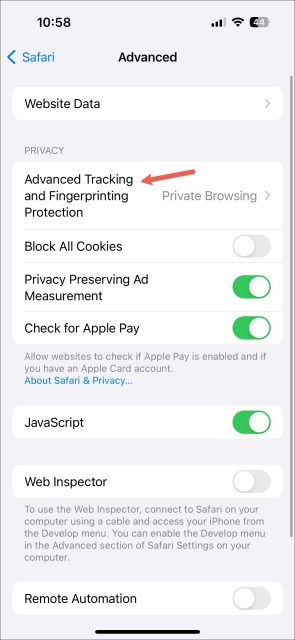 نحوه فعال کردن Advanced Tracking و Fingerprinting Protection در سافاری آیفون