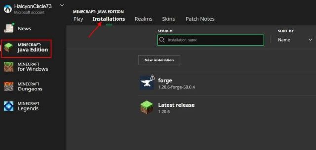 تب Installations در Minecraft Launcher.