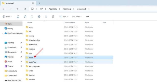 پوشه Mods در File Explorer.