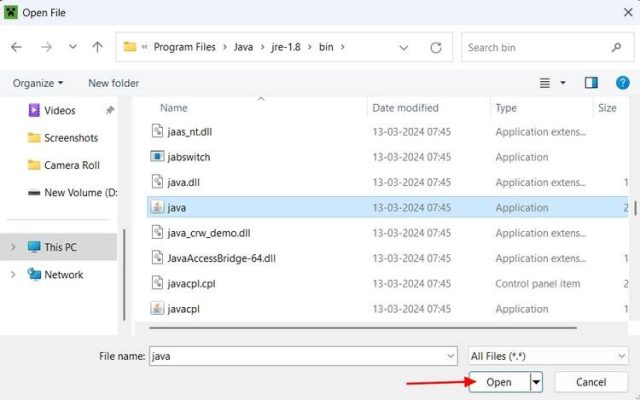 در پنجره Open File گزینه را باز کنید.