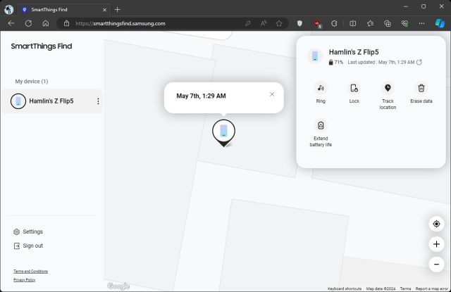 وب سایت Samsung SmartThings Find که مکان گوشی گلکسی را نشان می دهد