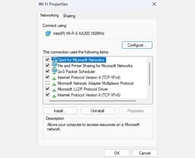 برگه Networking تحت ویژگی های Wi-Fi در رایانه شخصی ویندوز