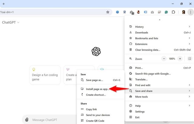 'صفحه را به عنوان برنامه نصب کنید' در Chrome برجسته شده است.