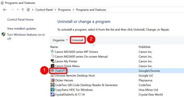ChatGPT و 'Uninstall' در کنترل پنل هایلایت شده اند.