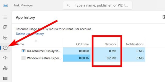 مشاهده تاریخچه برنامه در Task Manager.