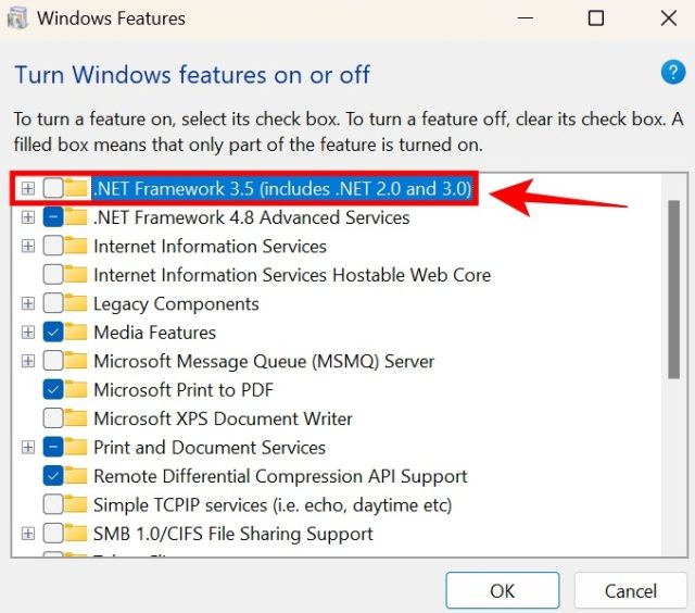 برای نصب .NET Framework 3.5 در ویندوز روی تیک باکس آن در ویژگی های ویندوز کلیک کنید