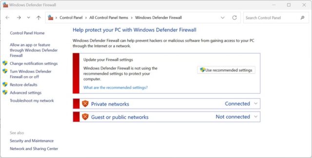 فایروال Windows Defender غیرفعال شد.