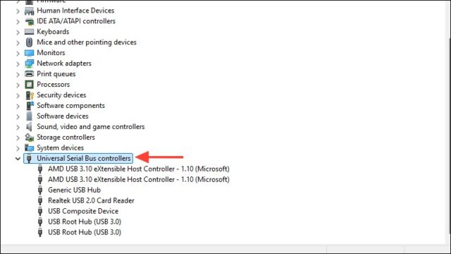 گسترش منوی Universal Serial Bus controllers