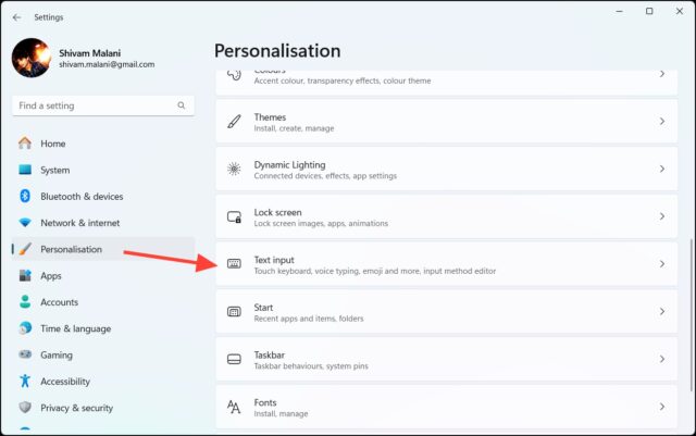کلیک روی Text input