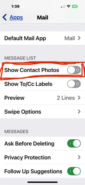 تنظیمات را برای 'Show Contact Photos' پیدا کنید و آن را به موقعیت خاموش تغییر دهید