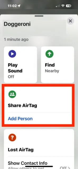 اکنون روی "به اشتراک گذاری این AirTag / Add Person" ضربه بزنید