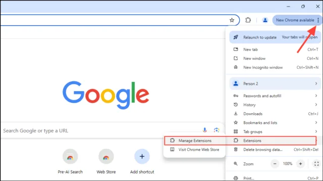 گزینه Extensions را انتخاب کرده و سپس روی Manage extensions کلیک کنید.