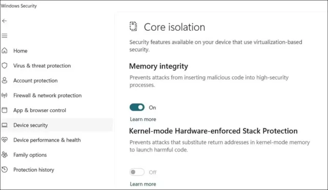 خاموش کردن ویژگی Kernel-Mode Hardware-Enforced Stack Protection