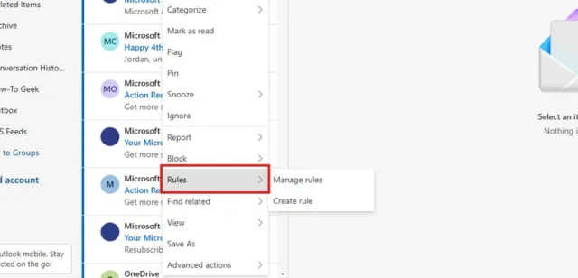 به بخش Rules > Create Rule بروید تا یک قانون جدید در Outlook بسازید