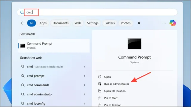 ، عبارت cmd را تایپ کنید، روی "Command Prompt" راست‌کلیک کرده و "Run as administrator" را انتخاب کنید.