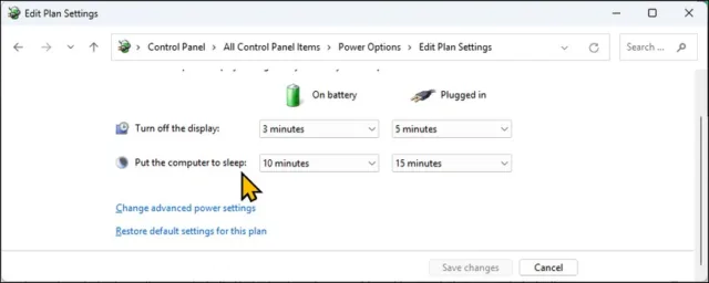 سپس، روی **Change advanced power settings** کلیک کنید تا کادر گفتگوی **Power Options** باز شود.