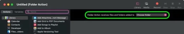 در بالای ناحیه‌ی ورک‌فلو، روی منوی کشویی کنار عبارت "Folder Action receives files and folders added to:" کلیک کنید، سپس گزینه‌ی "Other..." را انتخاب کنید.