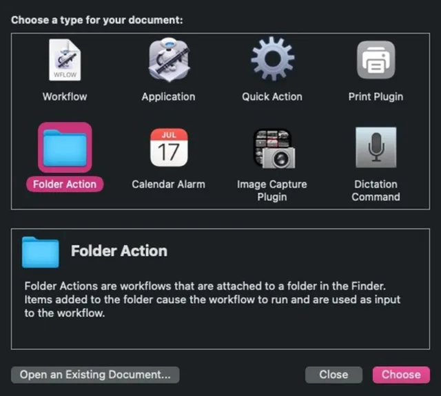 روی "New Document" کلیک کنید.
نوع سند خود را "Folder Action" انتخاب کنید.