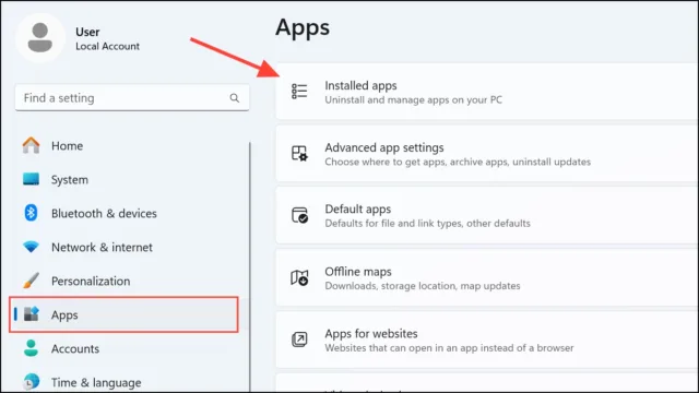 در پنجره Settings، به بخش "Apps" بروید و سپس "Installed apps" را انتخاب کنید