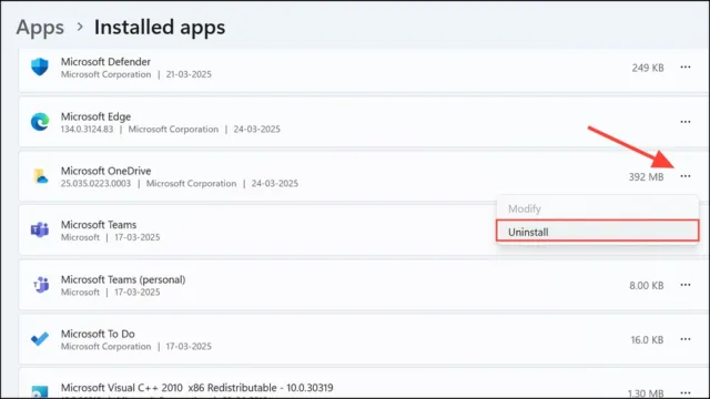 اگر گزینه "Uninstall" غیرفعال بود، "Modify" را انتخاب کرده و سپس OneDrive را غیرفعال کنید