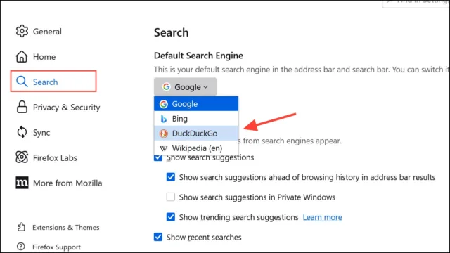  به بخش "جستجو" بروید. در قسمت "موتور جستجوی پیش‌فرض"، DuckDuckGo یا هر موتور جستجوی دیگری که متمرکز بر حریم خصوصی است را انتخاب کنید