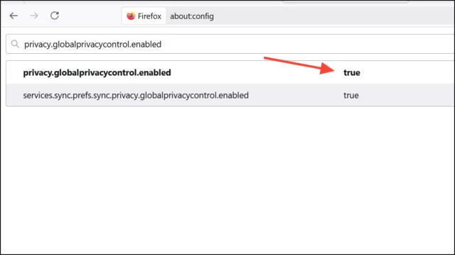 در نوار جستجو، عبارت privacy.globalprivacycontrol.enabled را تایپ کنید. بر روی تنظیم دو بار کلیک کنید تا مقدار آن به true تغییر کند