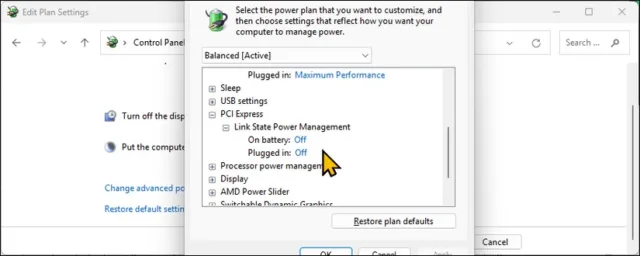 سپس، دسته‌بندی **PCI Express** را گسترش دهید و روی **Link State Power Management** کلیک کنید و آن را روی **Off** تنظیم کنید.