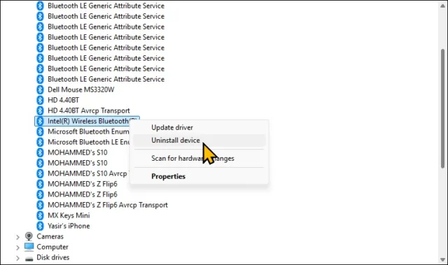 روی دستگاه Bluetooth خود (مثلاً Intel(R) Wireless Bluetooth(R) یا Realtek Bluetooth) راست‌کلیک کرده و گزینه Uninstall device را انتخاب کنید.